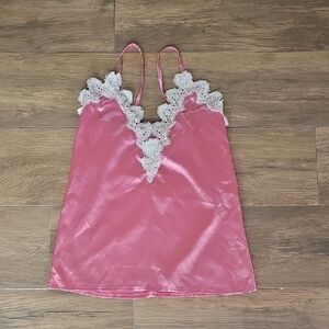 Pink Lace Trim Satin Chemise, Size Medium